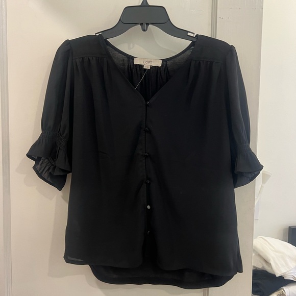 LOFT Black Short Sleeve Blouse with Buttons - Picture 1 of 3